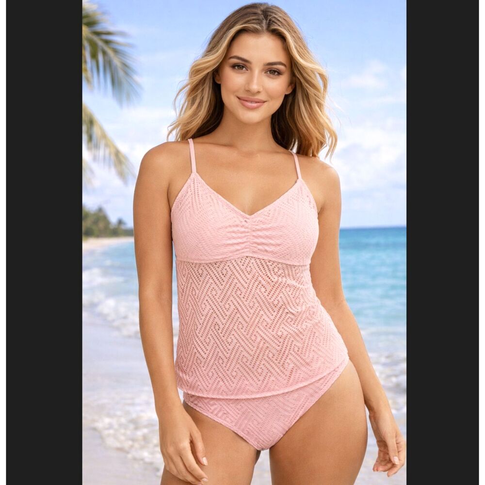 Hula Honey Tankini Bikini Set Medium Pink Crochet Overlay Cutout Hipster Resort